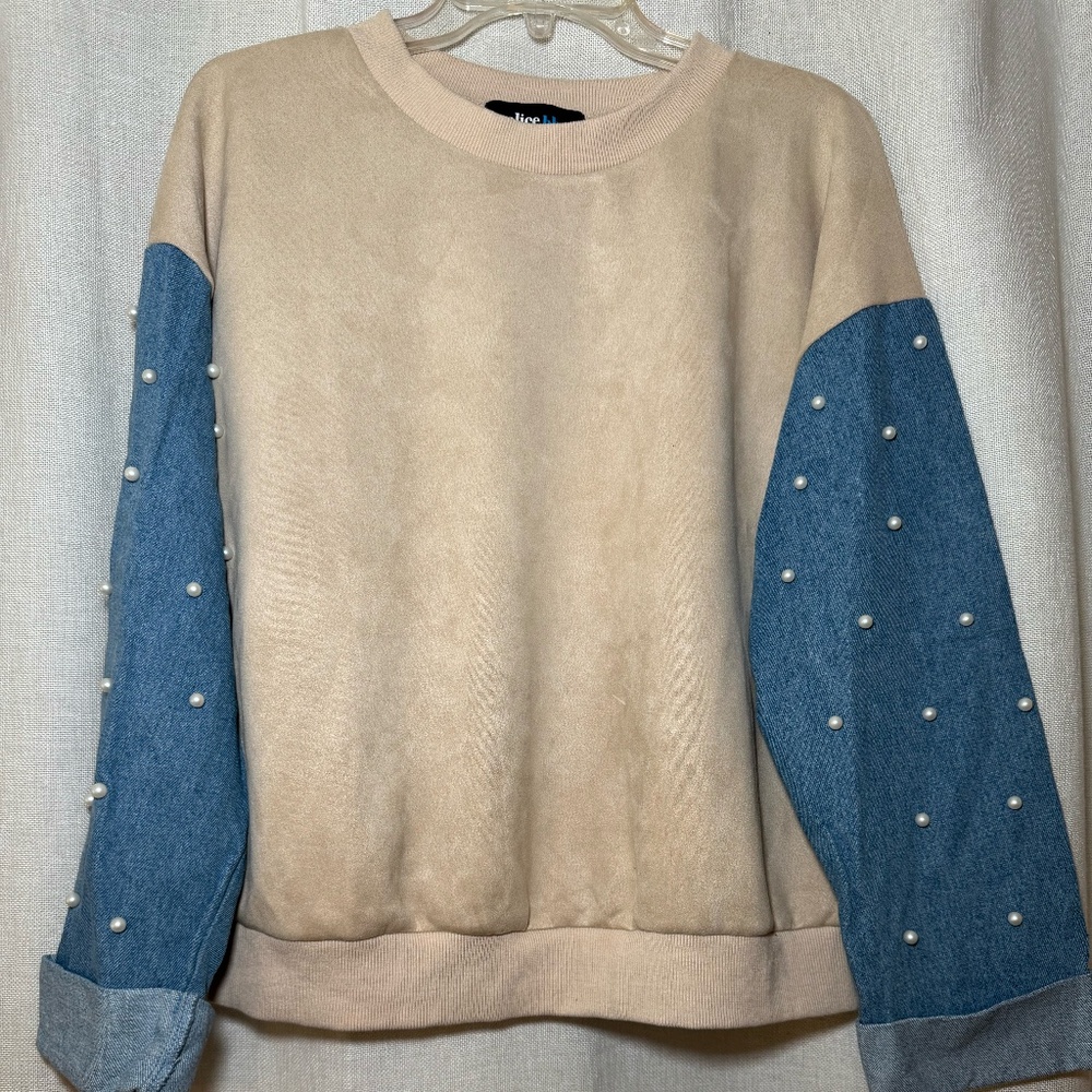 Cream Alice Blue Denim Sweater with Denim Sleeves and Pearl Embellishments